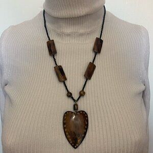 BOHO style necklace seed beads large brown pendant